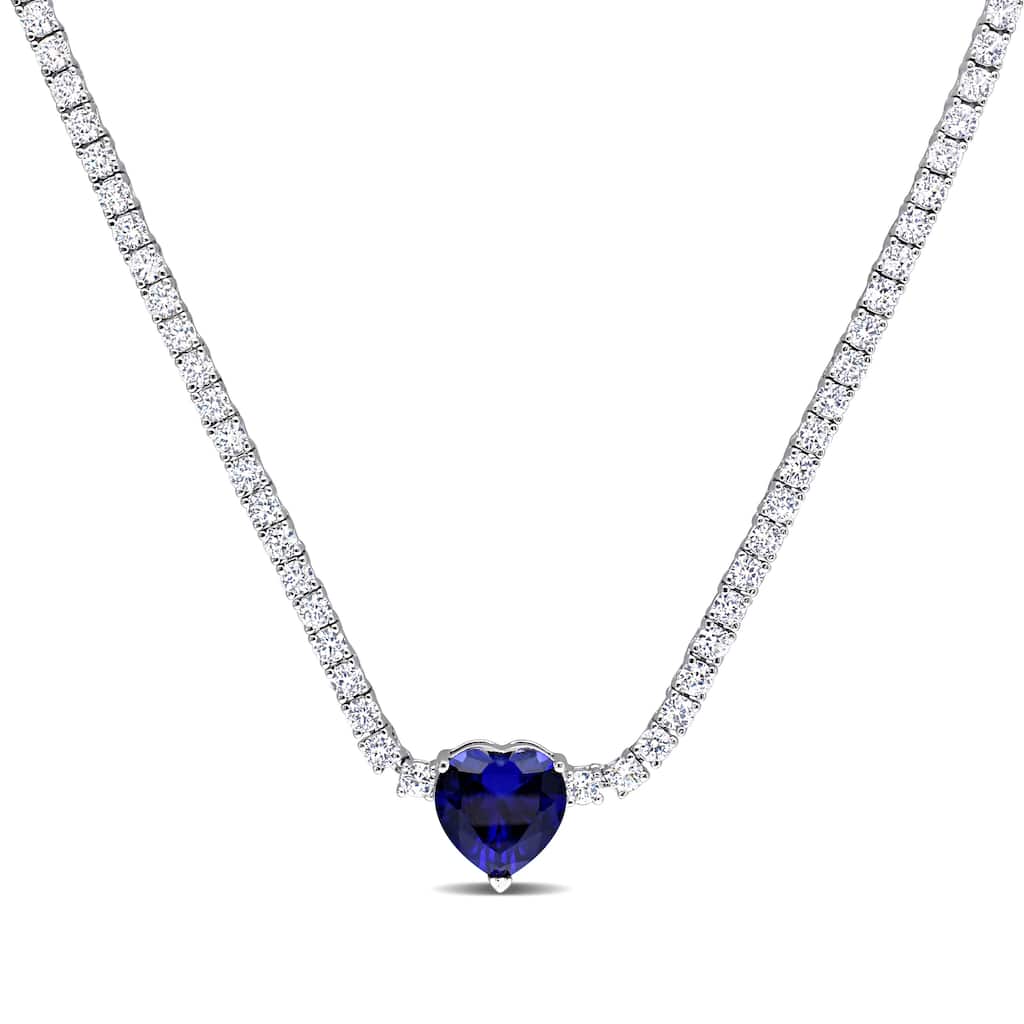 Miadora Created Blue and Created White Sapphire Heart Necklace in Sterling Silver