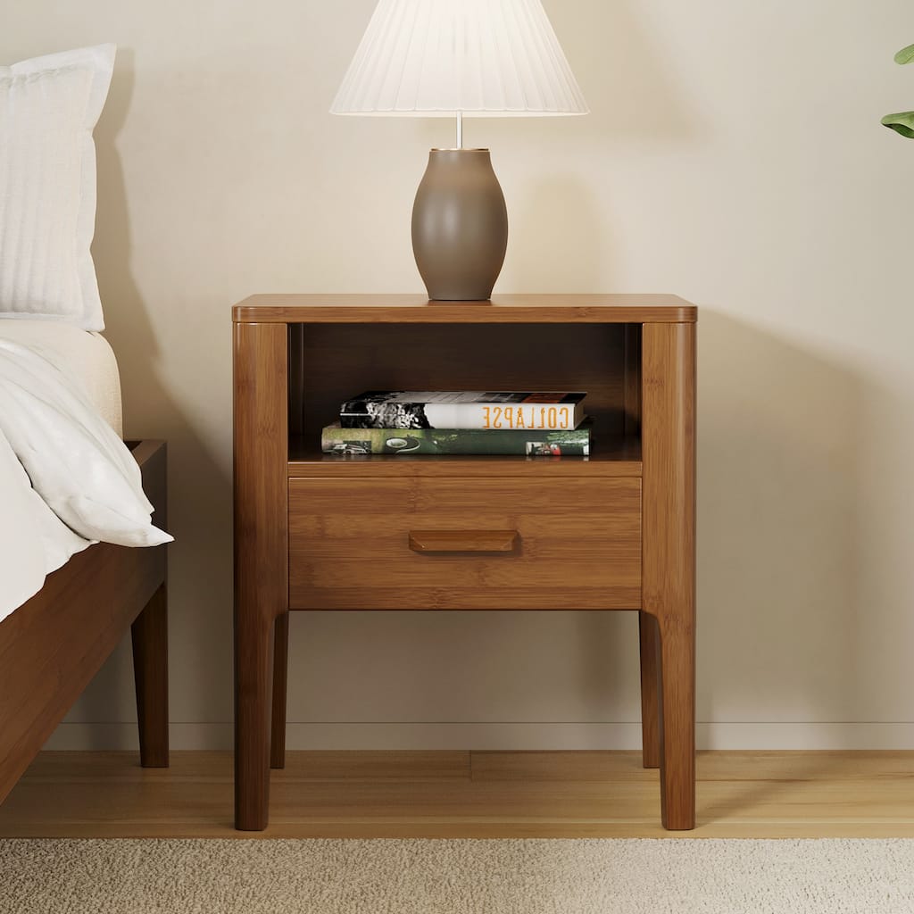 GDFStudio - Miri Mid-Century Modern Solid Bamboo Wood Nightstand with Drawer & Open Shelf, Softly Curved Edges Design