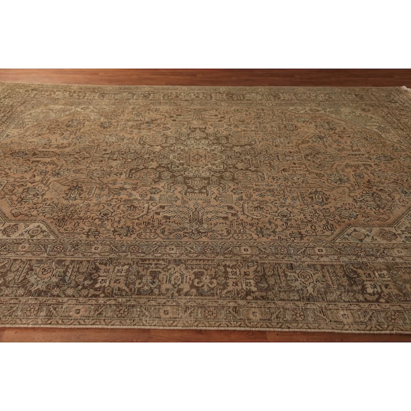 Geometric Tabriz Persian Vintage Rug Handmade Orange Wool Carpet - 9'6" x 12'9"