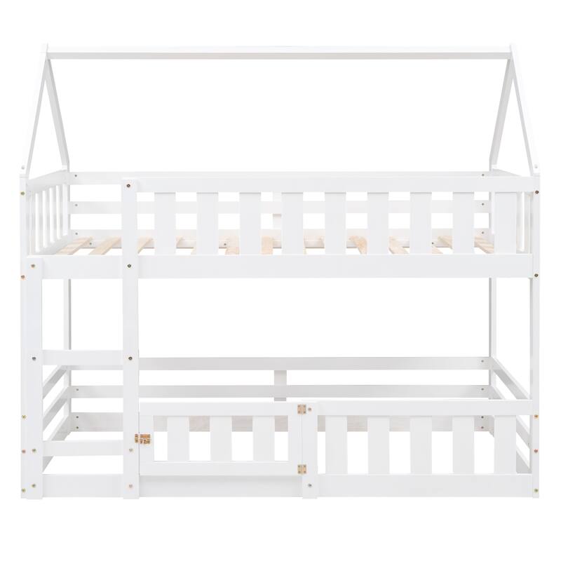 Roomfitters Twin Over Twin House Bunk Bed with Fence Guardrails and Door, White