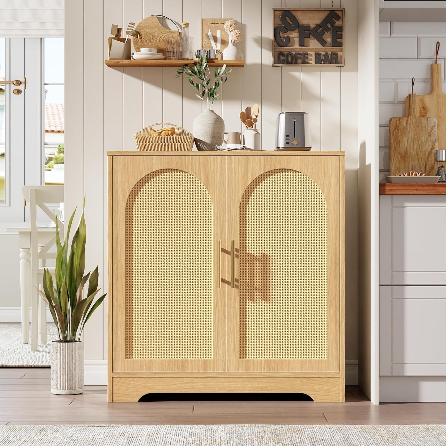 Sideboard Buffet Cabinet, Storage with 2 Rattan Doors and Shelves
