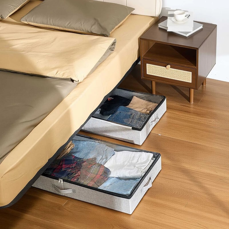 2-Pack Under Bed Storage Bins Foldable Linen Organizer with Double Zipper for Clothing or Shoes - 33.5” x 16.9” x 4.7”