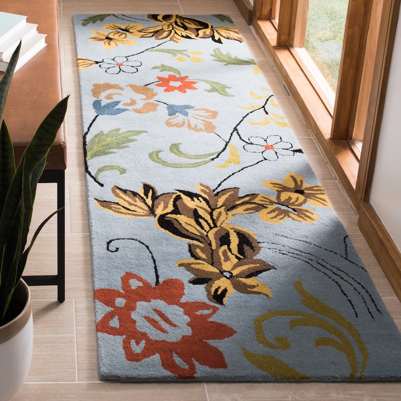 SAFAVIEH Handmade Soho Echo Floral N.Z. Wool Rug - 2'6" x 12' Runner - Blue/Multi