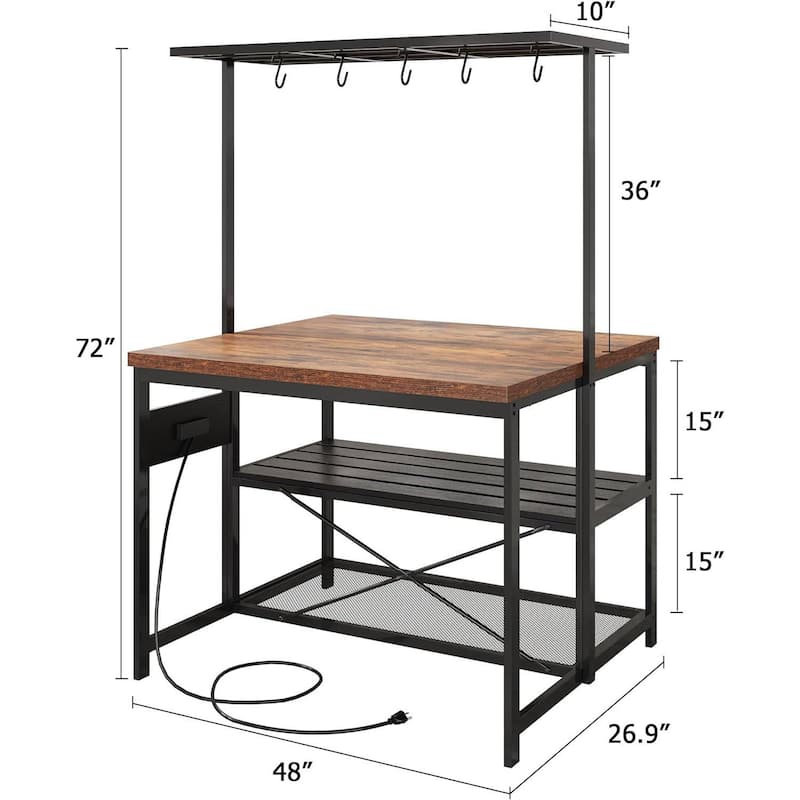 47" Kitchen Island Bakers Rack with 3 Tier Shelf and Hooks - N/A