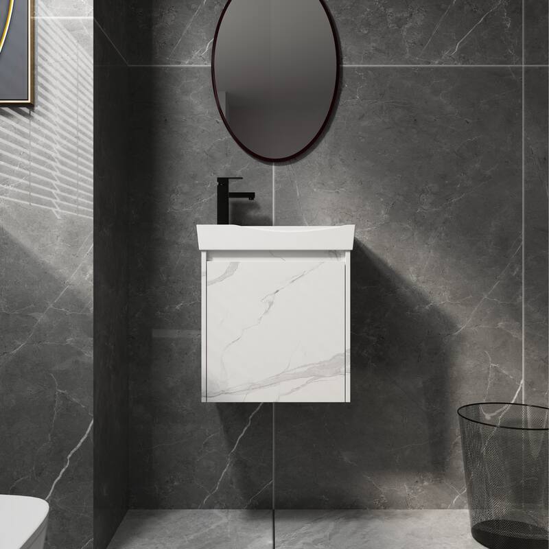 GDFStudio - Modern Minimalist Wall-Mounted Bathroom Vanity Set with Ceramic Sink & Soft Closing Door - 20" - 20" - Carrara White