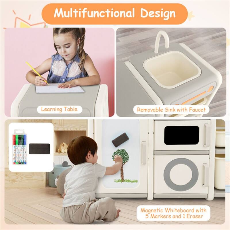 Kids Storage Cabinet with 4 Enclosed Cabinets and Magnetic Whiteboard and Play Sink for Toddlers - 46" x 15" x 38.5"