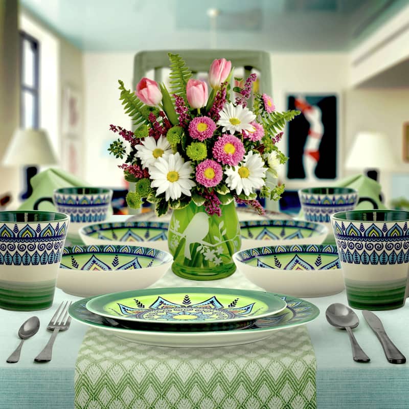 Intricate Floral Pattern Round Stoneware Dinnerware Set in Moss 16 Pieces