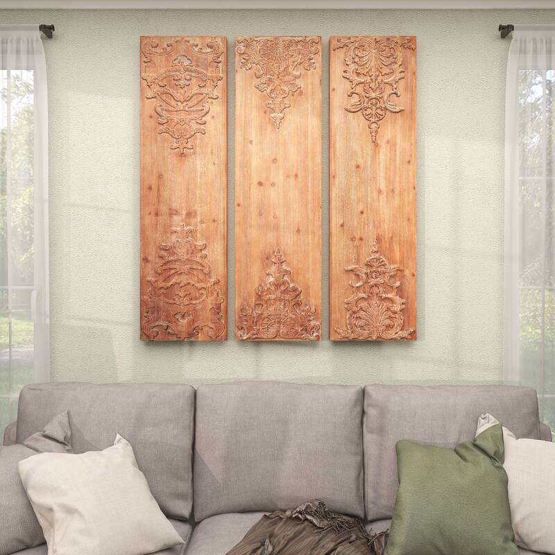 Brown Wood Carved Antefix Floral Home Wall Decor (Set of 3)