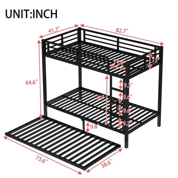 dimension image slide 1 of 3, Black Metal Bunk Bed with Twin Size Trundle
