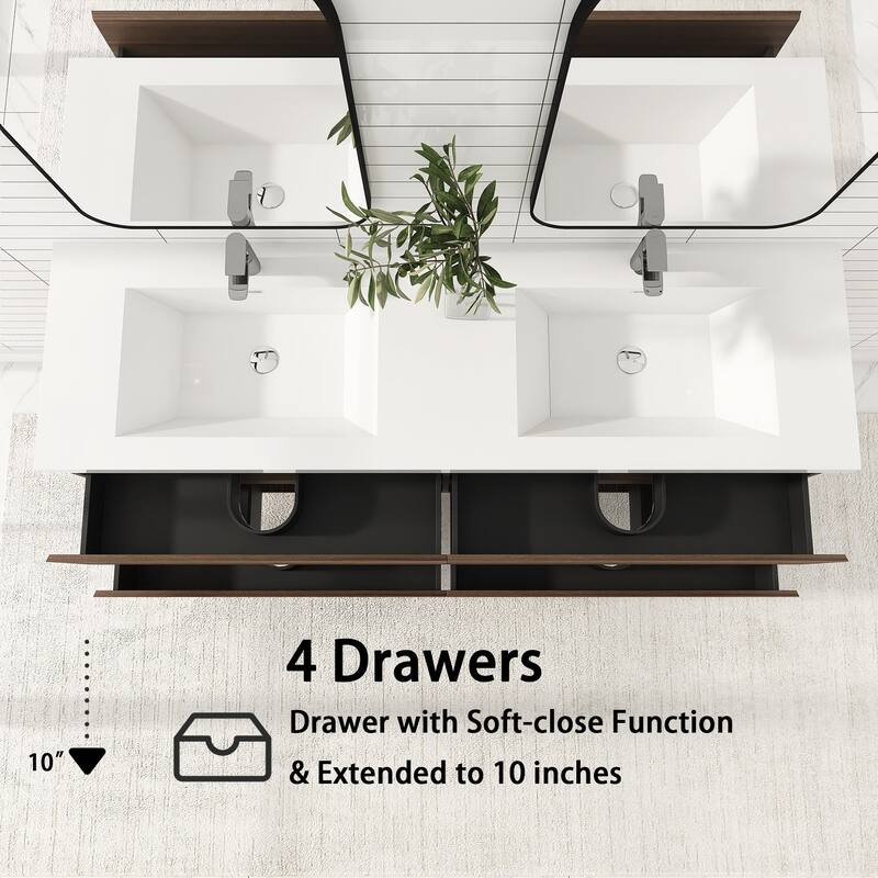 72 inch Wall-Mounted Bathroom Vanity Set with Integrated Resin Sink