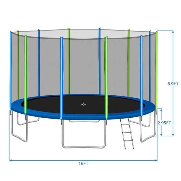 Kids Trampoline, Round Outdoor Recreational Trampoline with Safety Fence Mesh, Ladder and 8 or 12Wind Stakes