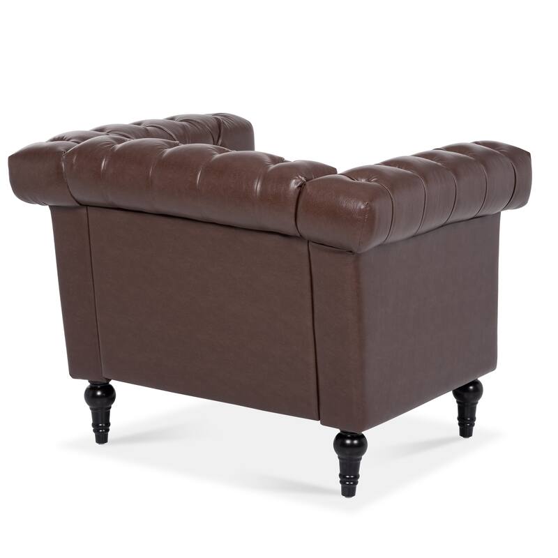 Brown PU Modern 38.98" Upholstered Buttons Tufted Accent Chair with Gourd Shaped Birch Legs and Nailheads