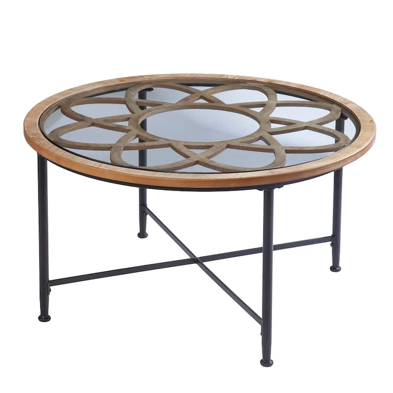 SEI Furniture Melione Modern Farmhouse Floral Wood & Black Metal Coffee Table