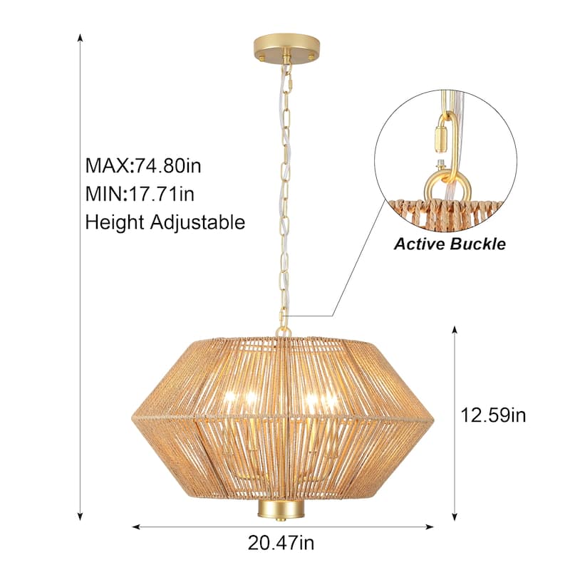 4-Light Dimmable Pendant Light, Paper Rattan Lampshade Candle Chandelier for Living Room with no bulbs included