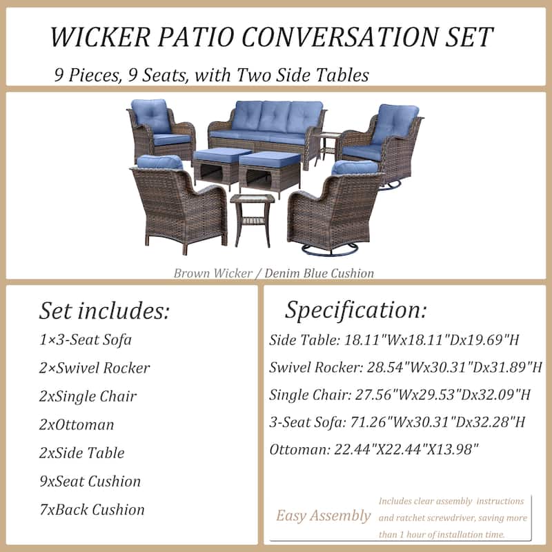 9 Piece Outdoor Wicker Patio Conversation Furniture Swivel Chairs Sets