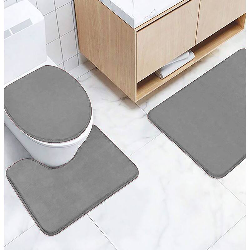 3 Piece Grey Ultra Soft Thick Memory Foam Non-Slip Absorbent Bathroom Bath Mat Set - Grey