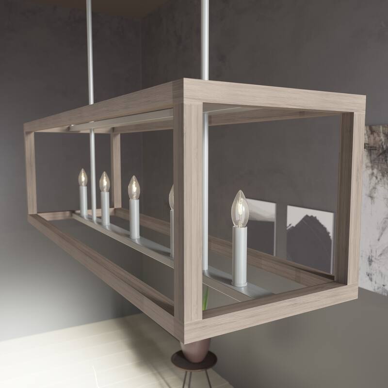 Hunter Squire Manor 6-Light Linear Chandelier - Island, Dining room - Candle, Modern Farmhouse, Transitional - Brushed Nickel/Bleached Wood