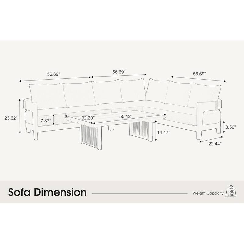PURPLE LEAF Modern Aluminum Sectional Sofa with 7.87" Cushions for Yard Porch Deck Outdoor Conversation Sets