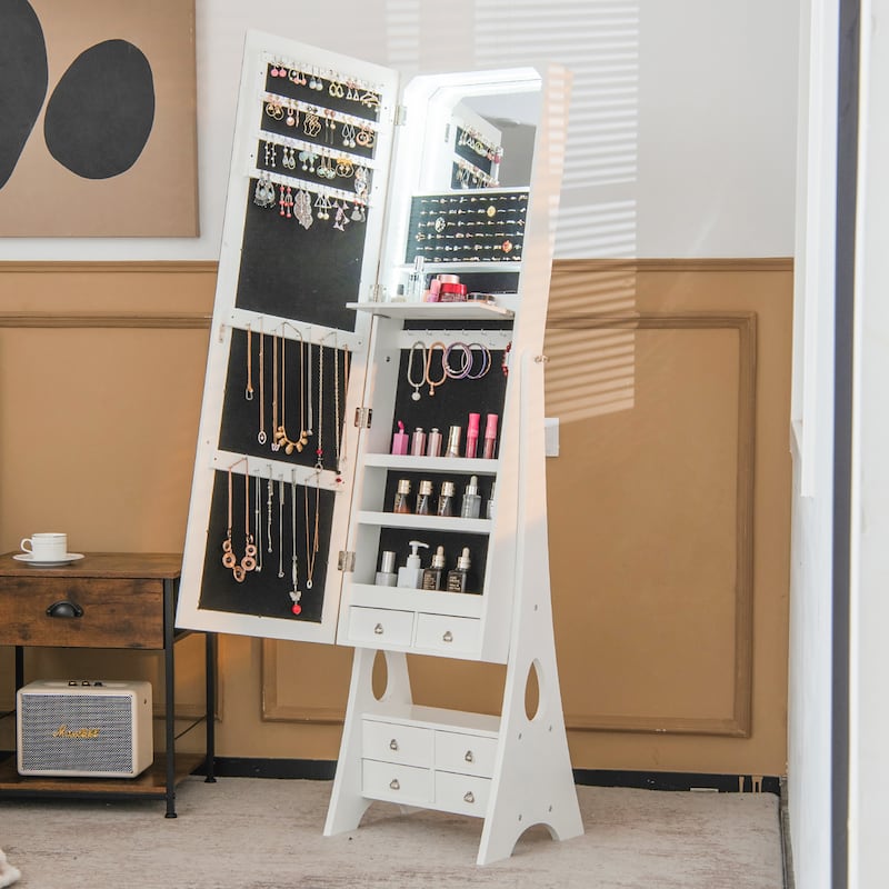 Gymax Jewelry Cabinet Armoire Full Length LED Mirror w/ 6 Drawers &