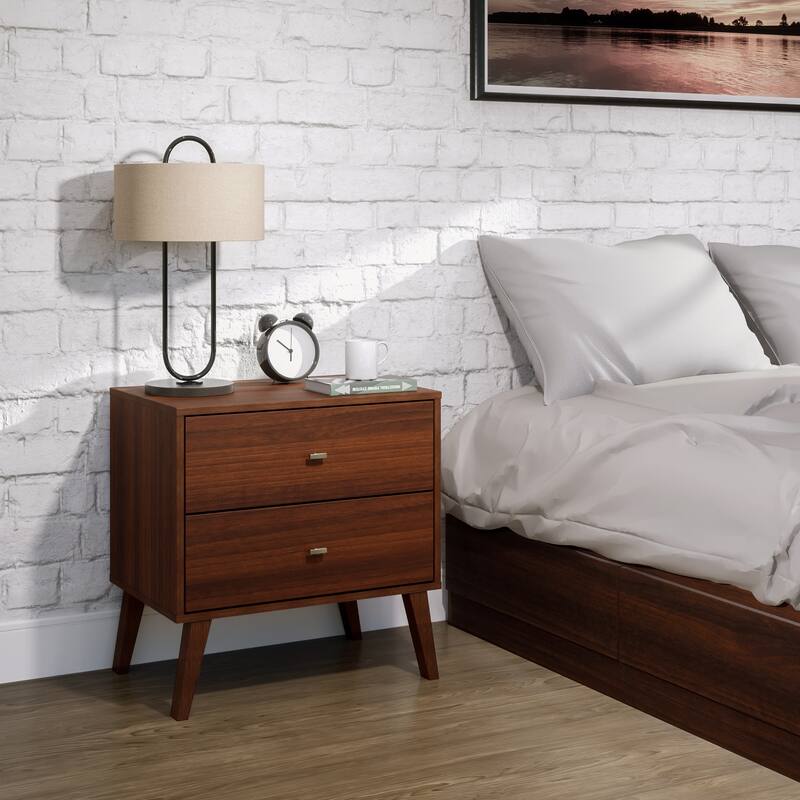 Prepac Milo Mid-Century Modern 2 Drawer Nightstand, Bedside Table, Contemporary Bedroom Furniture