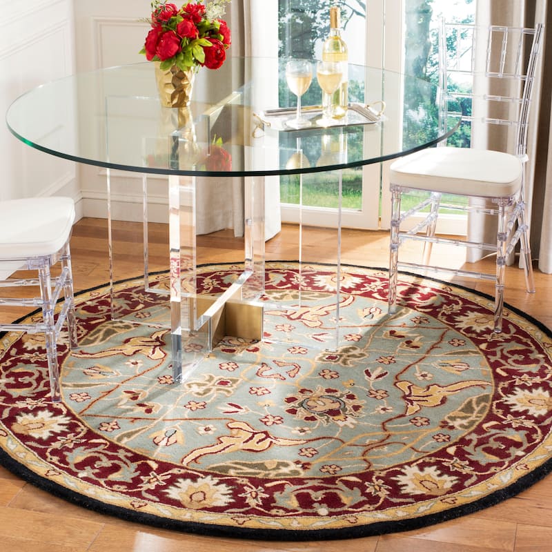 SAFAVIEH Handmade Heritage Gracious Garden Traditional Oriental Wool Rug - 6' Round - Light Blue/Red