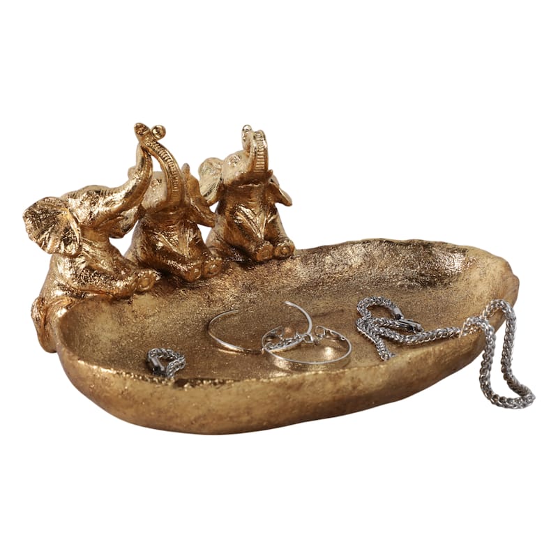 Resin Bowl Three Elephants Figurines Glam Catchall Tray - 12" Gold - 12" x 9.5" x 5.5"