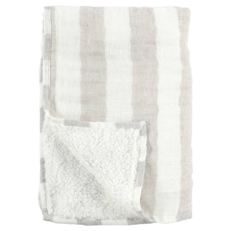 50 Inch Soft Linen Throw Blanket, Woven Wide Striped Pattern, White, Gray