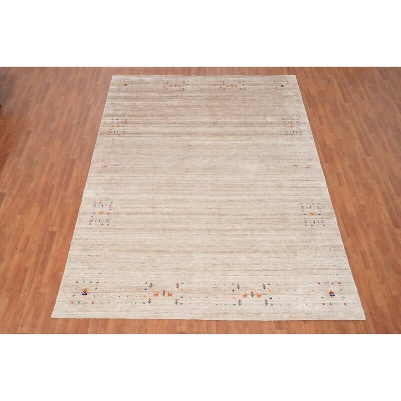 Hand Knotted Oriental Viscose Silk Carpet Tribal Animal Pictorial Beige & Ivories Gabbeh Area Rug - 11' 7'' X 8' 10''