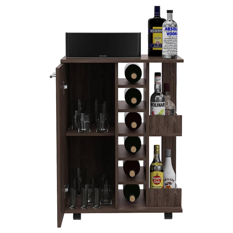 Bar Cart, Two External Shelves, Four Casters, Six Built-in Wine Rack, Single Door Cabinet -Dark Walnut