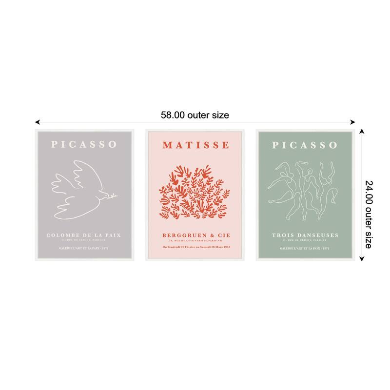 Kate and Laurel Picasso Inspired Bird & Inspired Dance 3 Piece Framed Canvas Wall Art Set by Gabrielly Guedes