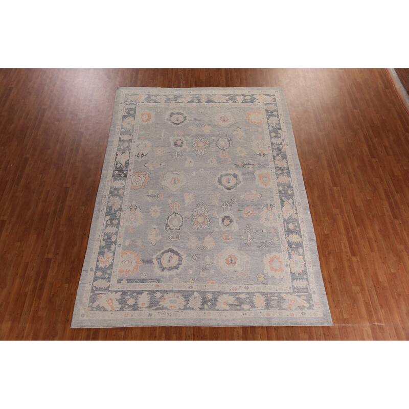 Hand Knotted Oriental 100% Wool Carpet Transitional All-Over Greys & Charcoal Oushak Area Rug - 12' 4'' X 8' 11''