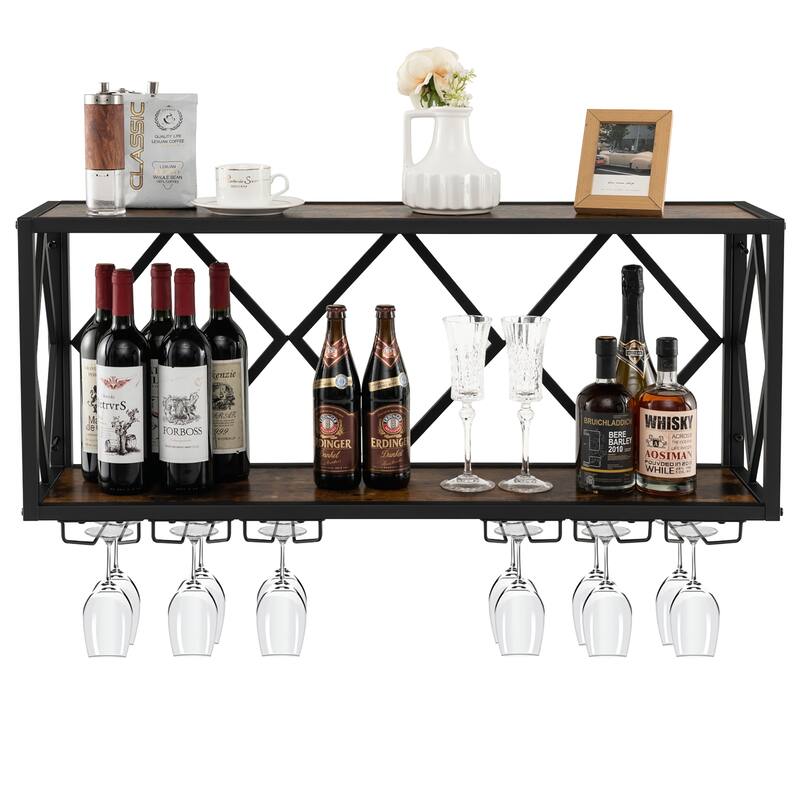 Gymax Wall Mounted Wine Rack Industrial Storage Display Shelf Glass