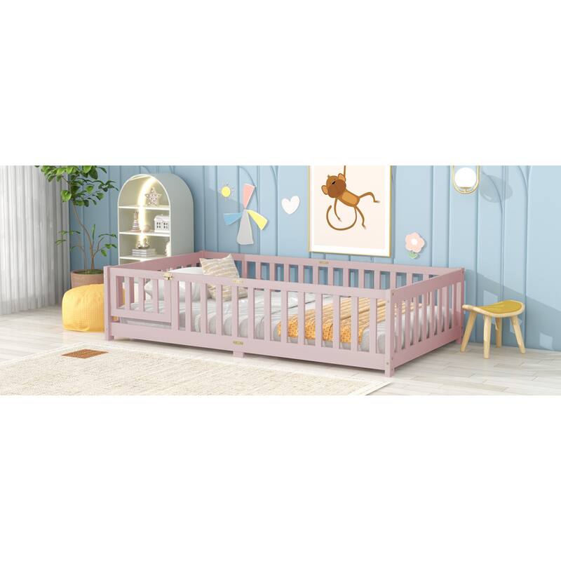Roomfitters Twin/Full/Queen Rubber Wood Floor Bed with Fence and Swing Door, Safety Guardrails, Low Profile Design