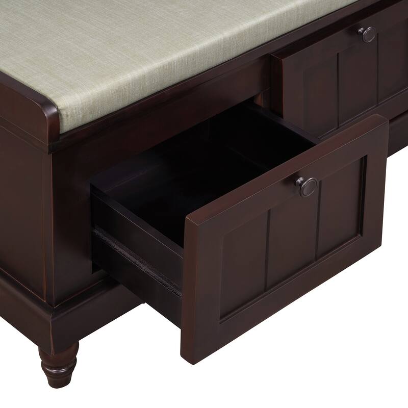 Classic Storage Bench with Cushioned Seat and Three Drawers for Entryway and Living Room