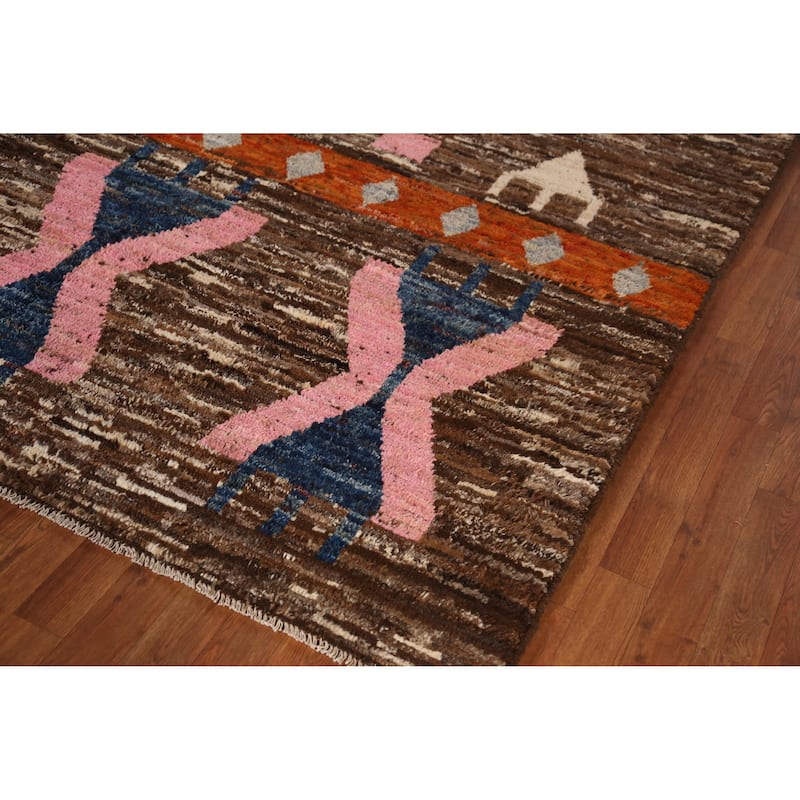 Brown Geometric Moroccan Area Rug Hand-Knotted Wool Carpet - 6'10" x 9'10"