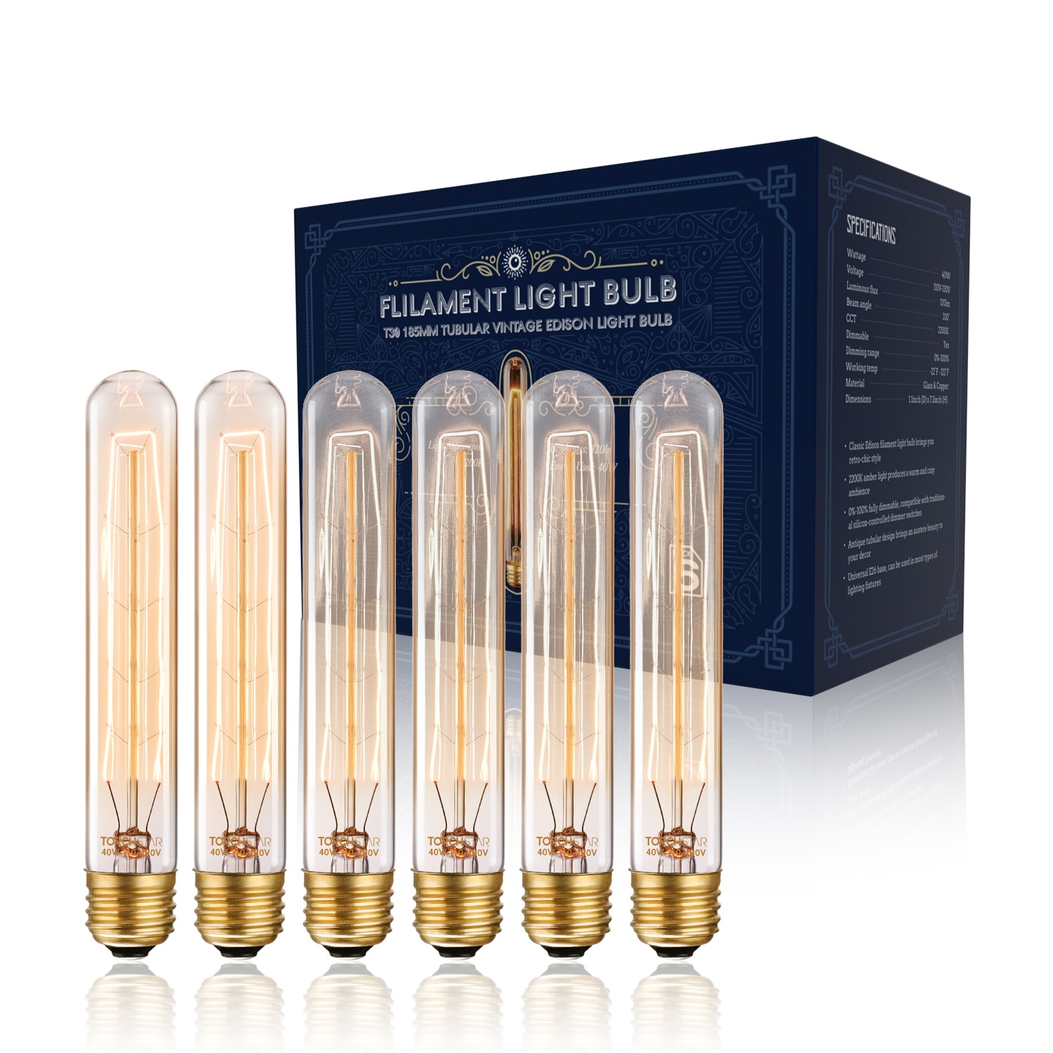 40W Dimmable T30 Vintage, 185mm, E26 Base, 2200K Amber Light
