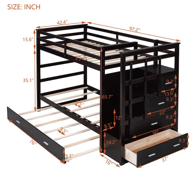 Twin Over Twin Bunk Bed with Trundle, Drawers and Storage Staircase