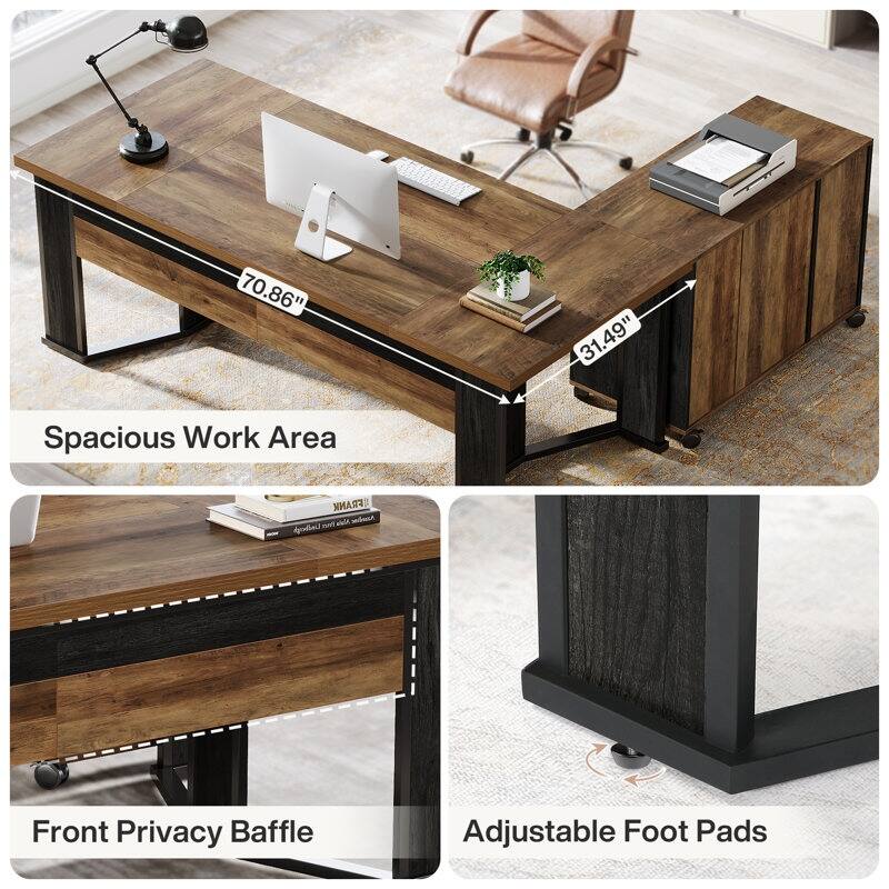 Brown Wood L Shaped Executive Desk Computer Desk with File Cabinet