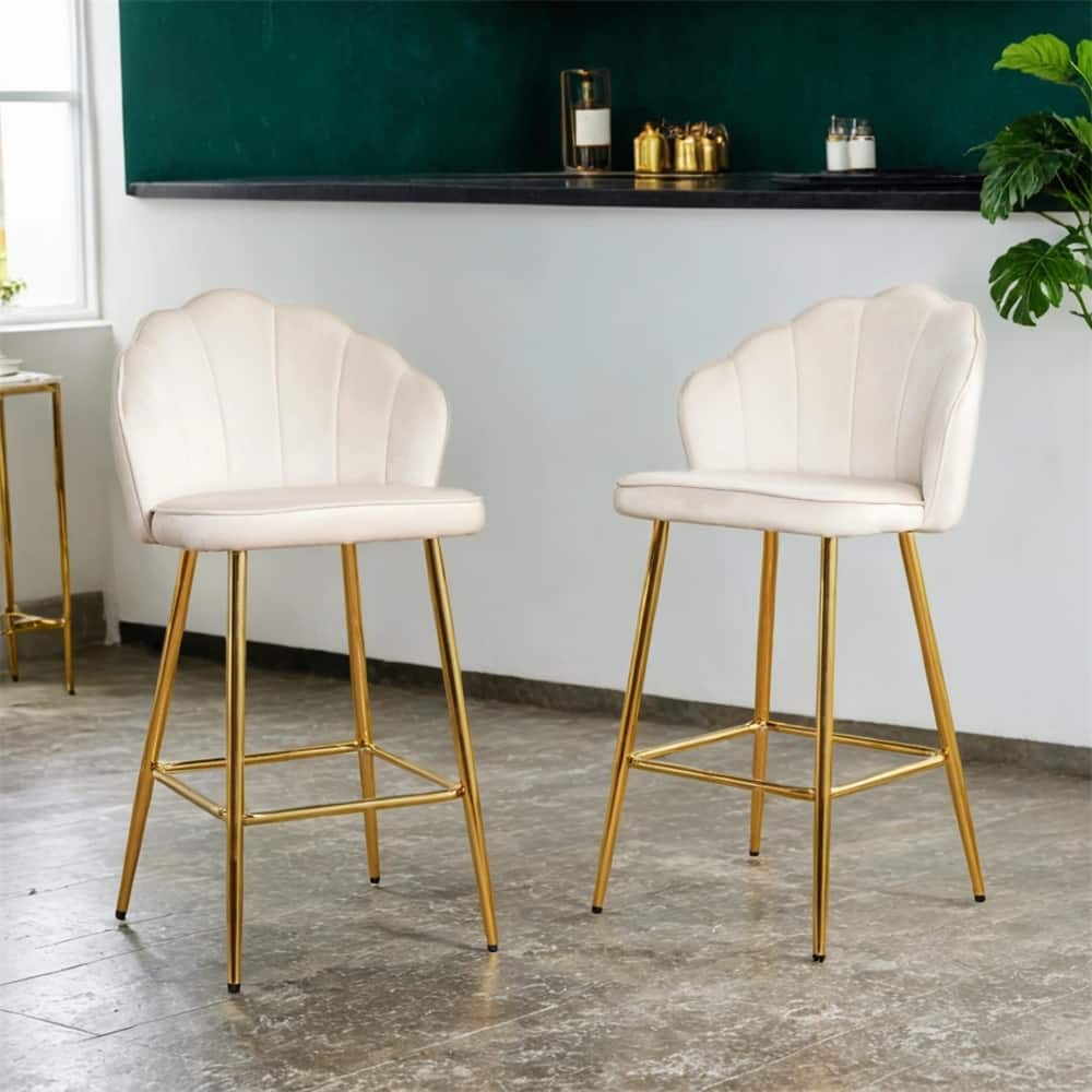 Shell Shape Velvet Bar Chair, Gold-plated Metal Chair Legs,(Set of 2)