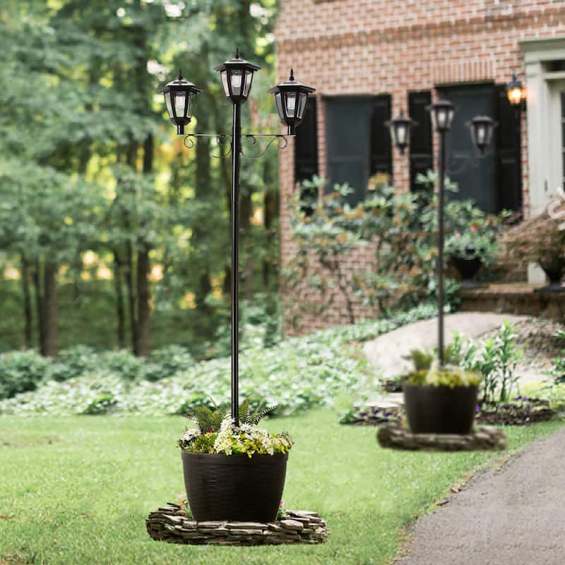 Glitzhome Set of 2 74"H Solar Three Head Street Light with Planter Pot Pathway Lamp
