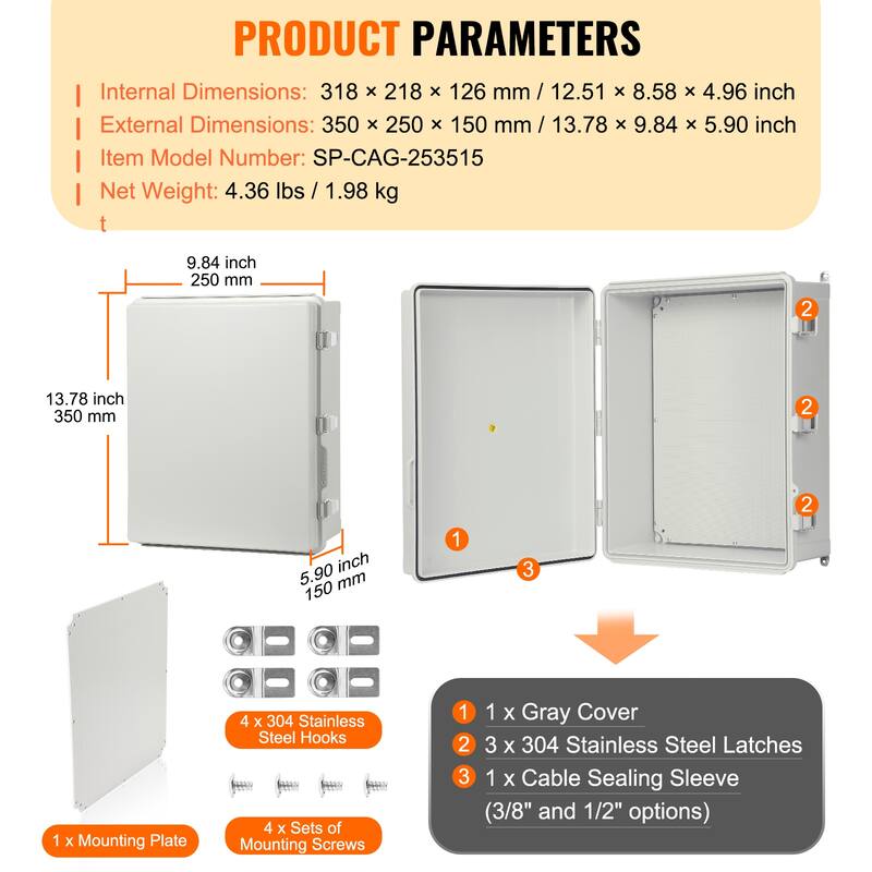Outdoor Electrical Junction Box, ABS Plastic Electrical Enclosure Box with Hinged Cover Stainless Steel Latch