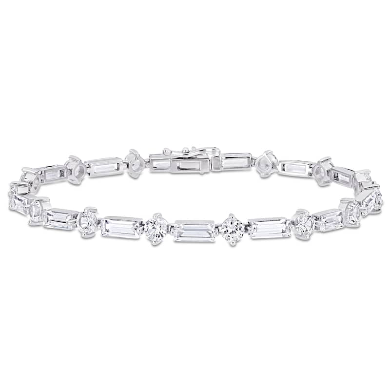 Miadora Baguette and Round-cut Created White Sapphire Tennis Bracelet in Sterling Silver