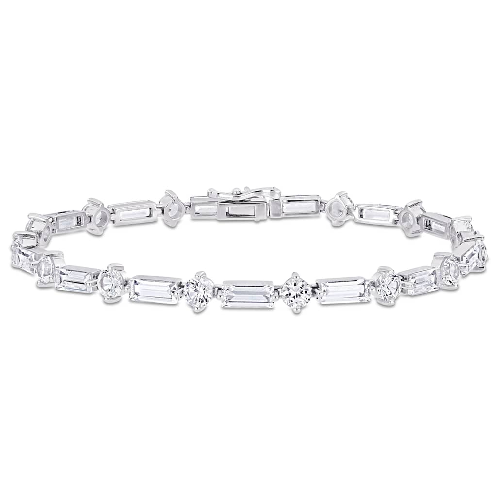 Miadora Baguette and Round-cut Created White Sapphire Tennis Bracelet in Sterling Silver