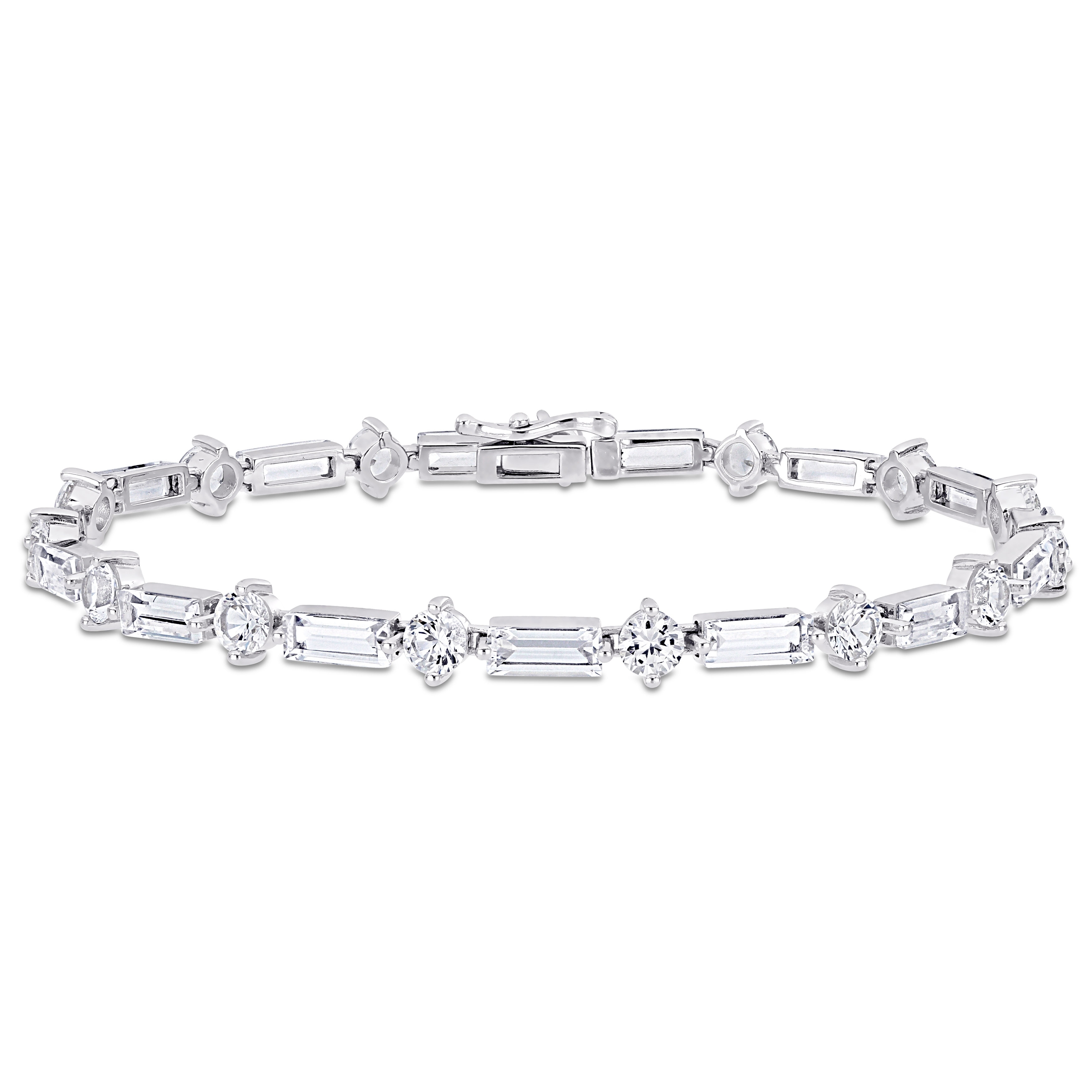 Miadora Baguette and Round-cut Created White Sapphire Tennis Bracelet in Sterling Silver