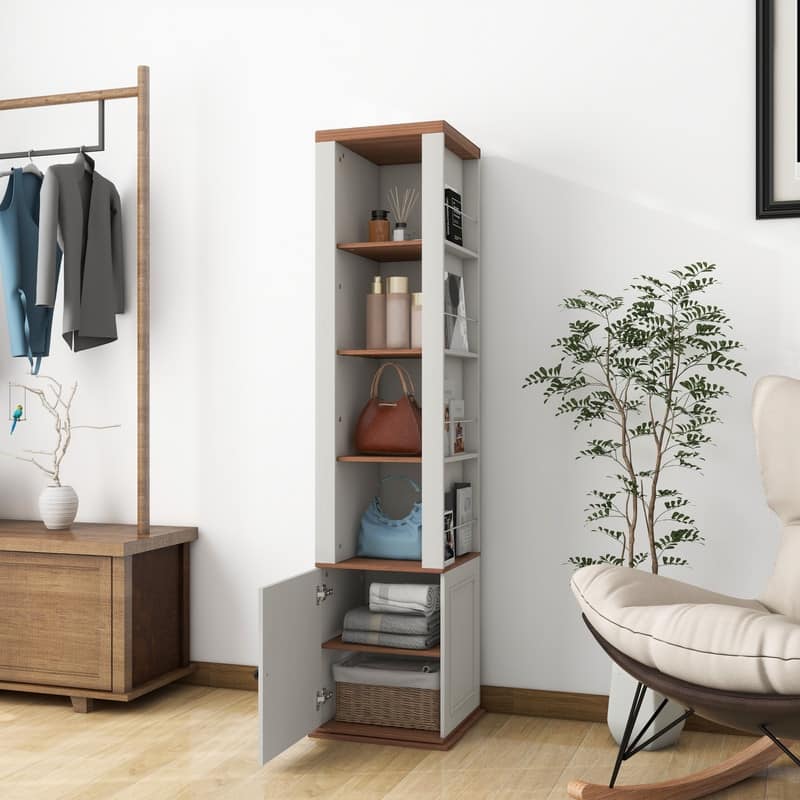 Antique White 360-degree Rotating Storage Cabinet with Full-Length Mirror