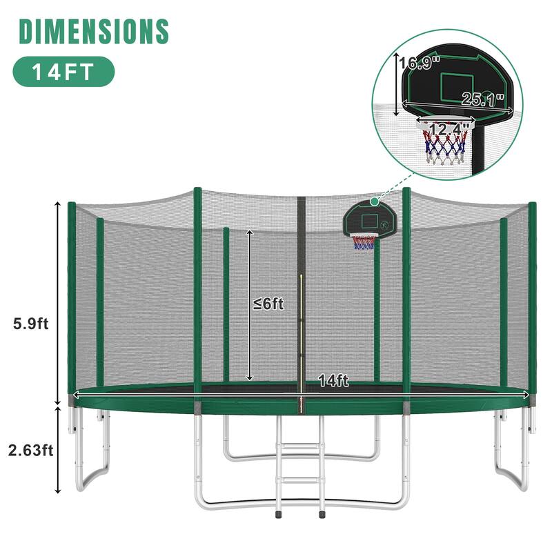 14FT Kids Trampoline with Safety Net Basketball Hoop Ladder Easy Assembly Round Outdoor
