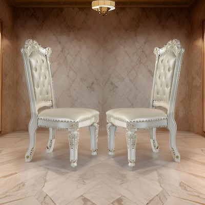 Doe 27 Inch Side Dining Chair Set of 2, Nailhead, Tufted White Faux Leather