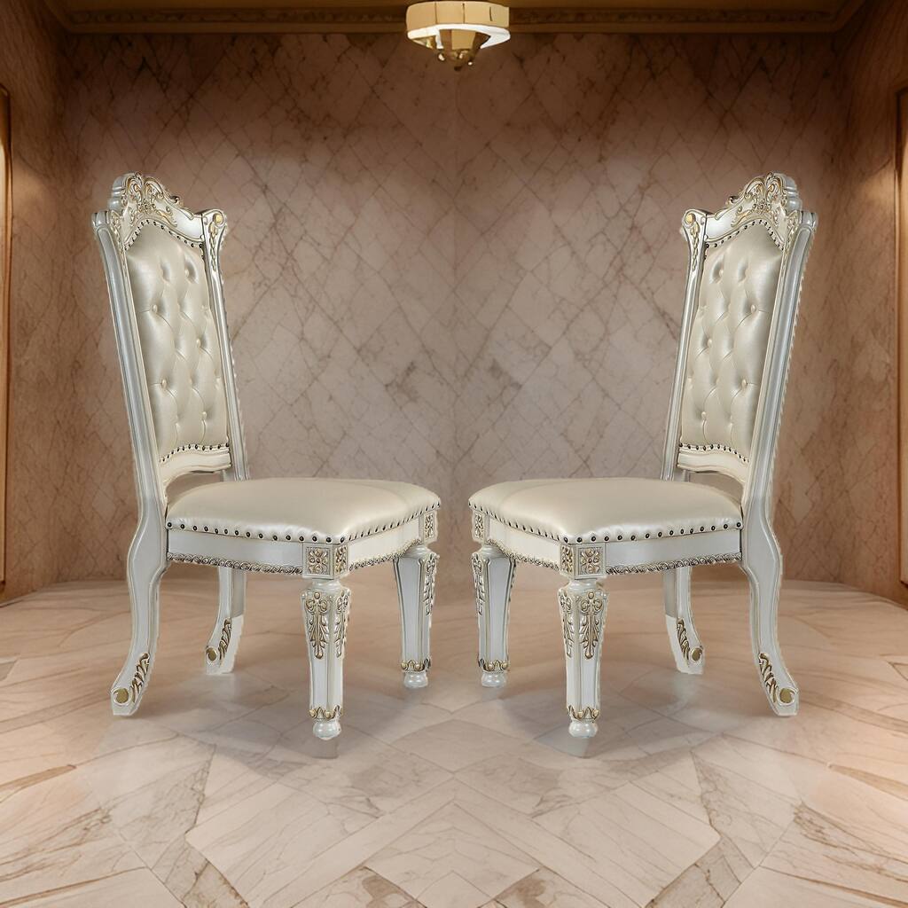 Doe 27 Inch Side Dining Chair Set of 2, Nailhead, Tufted White Faux Leather