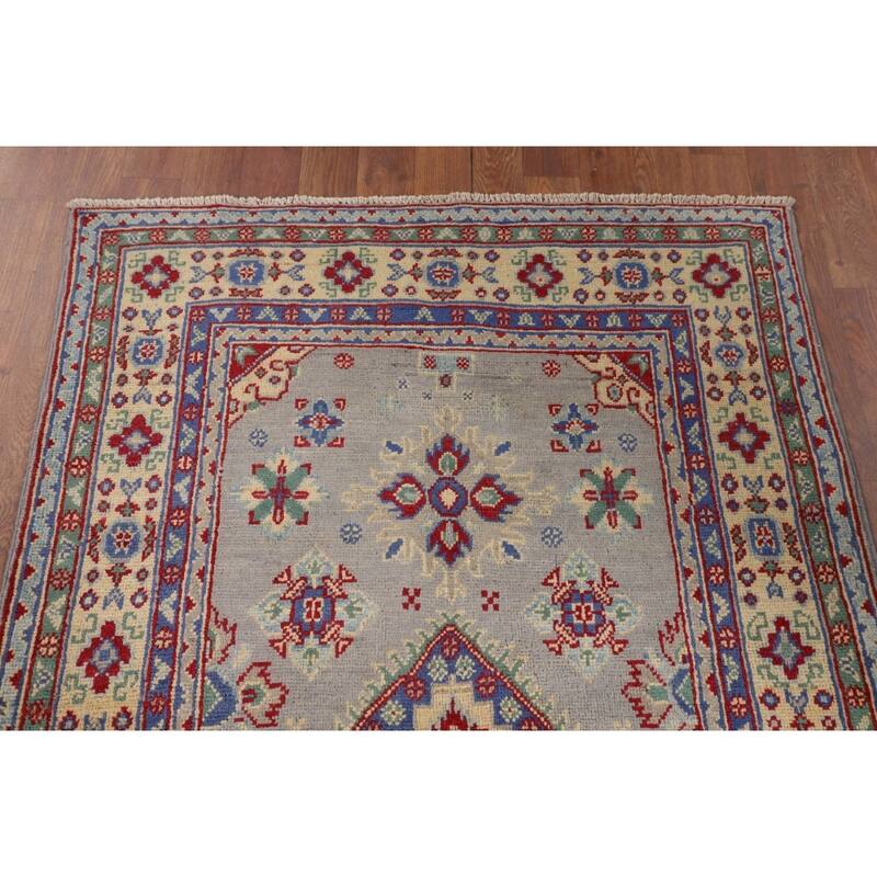 Gray Geometric Kazak Accent Rug Handmade Wool Carpet - 3'3" x 5'0"