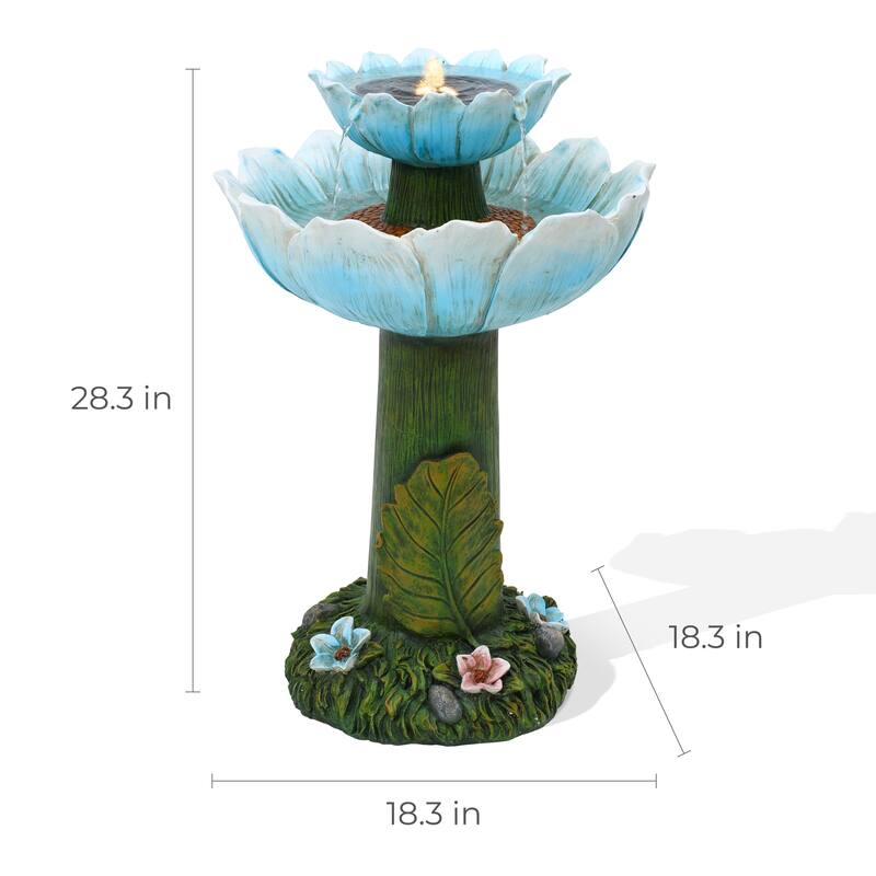 Solar Powered Blue Flower 2-Tier Resin Birdbath Fountain with Lights